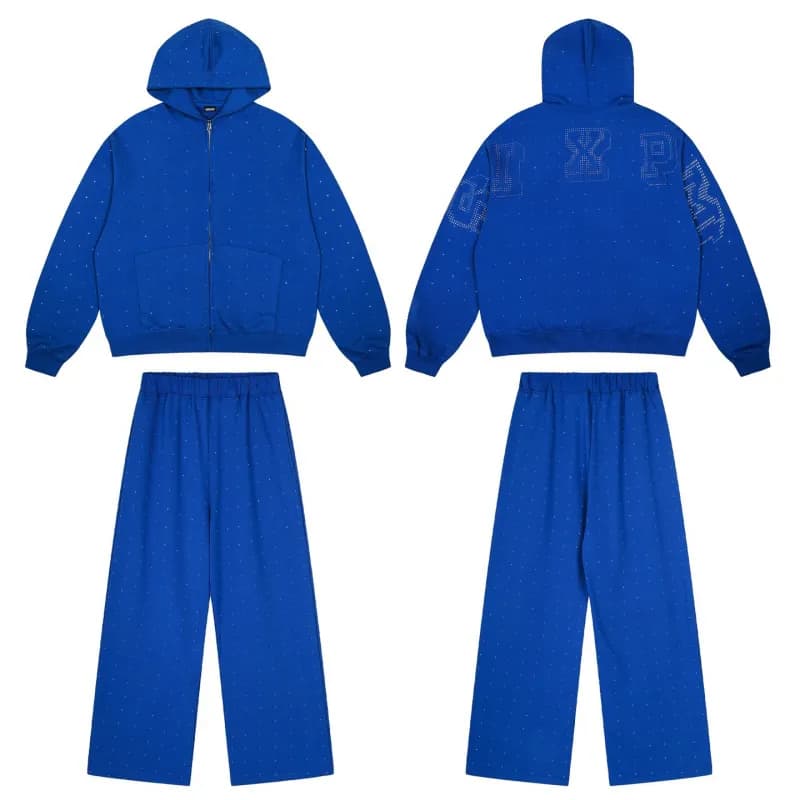 Corteiz Cropped Hoodie & Wide-leg Joggers Set White Script Logo — 04 blue suit