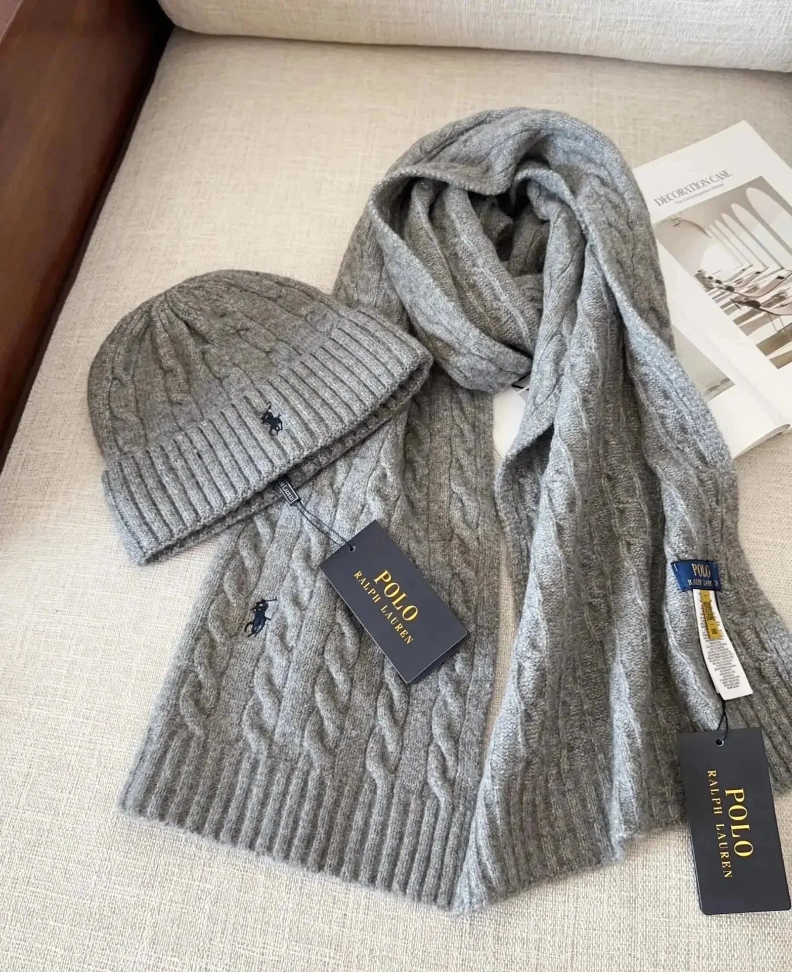 Polo Ralph Lauren Cable Knit Scarf & Beanie Set Heather Grey