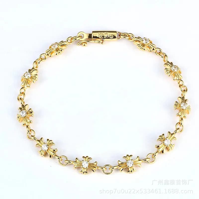 Chrome Hearts Cross Bracelet Silver with Clear Stones — 金色白钻手链16cm