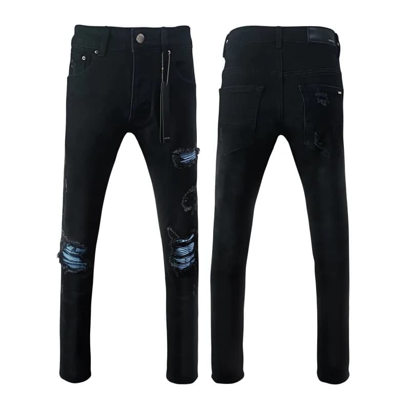 Amiri Distressed Slim Fit Jeans Black with Blue Raw-Edge Rips