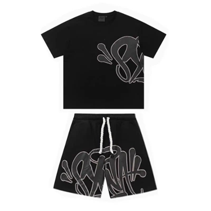 Travis Scott Shorts Set Graffiti Print — 黑色短袖套装