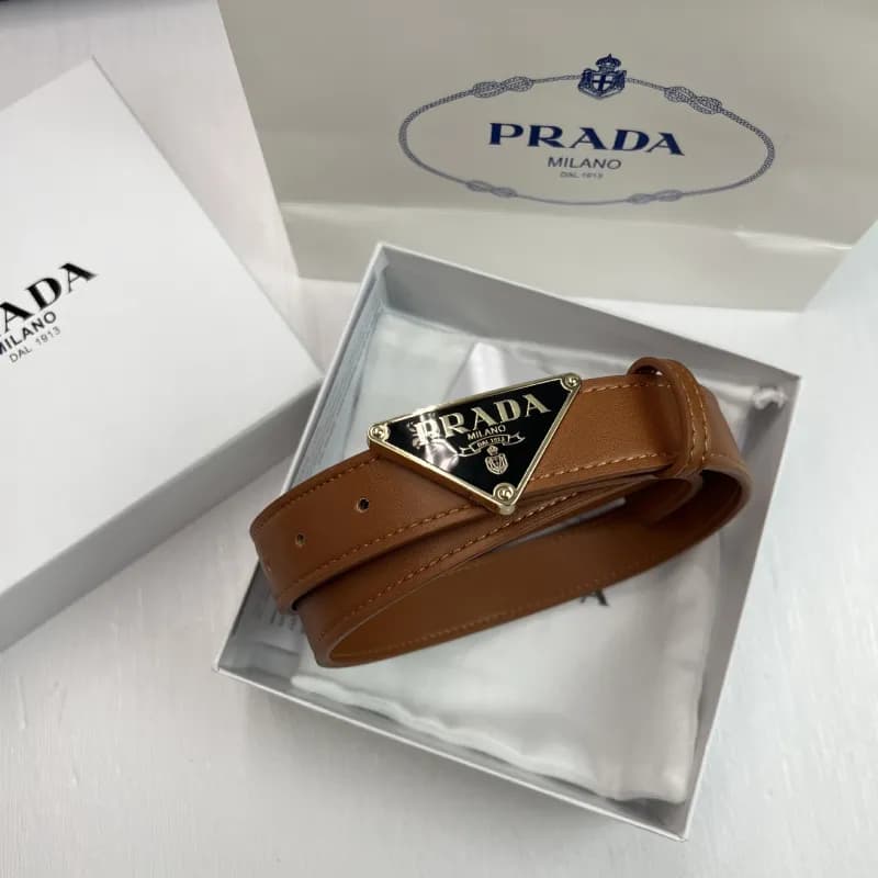 Prada Triangle Logo Belt Classic Triangular Buckle — P-shaped gold buckle with black background and yellow belt