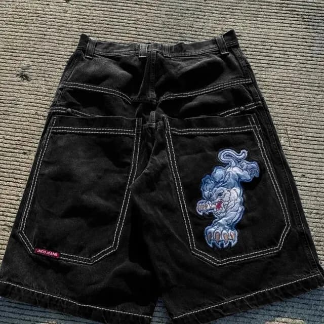 Denim Shorts Embroidered Bear — D06 black