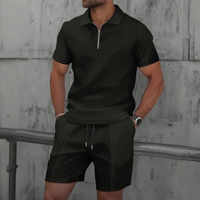 Zip-Neck Polo Set Grid Texture
