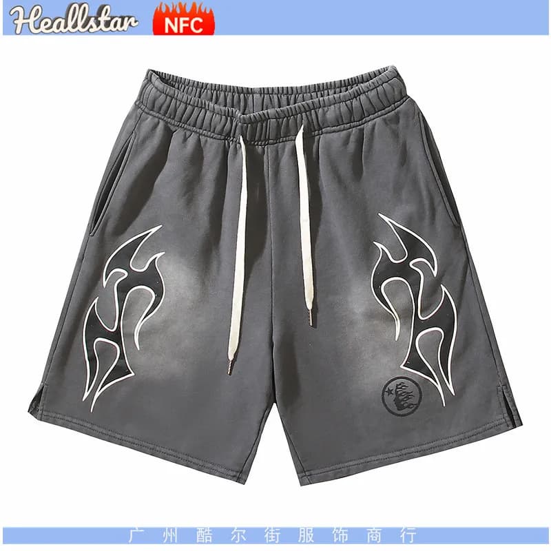 Hellstar Flame Print Shorts Black with Red Flames — 700洗水灰