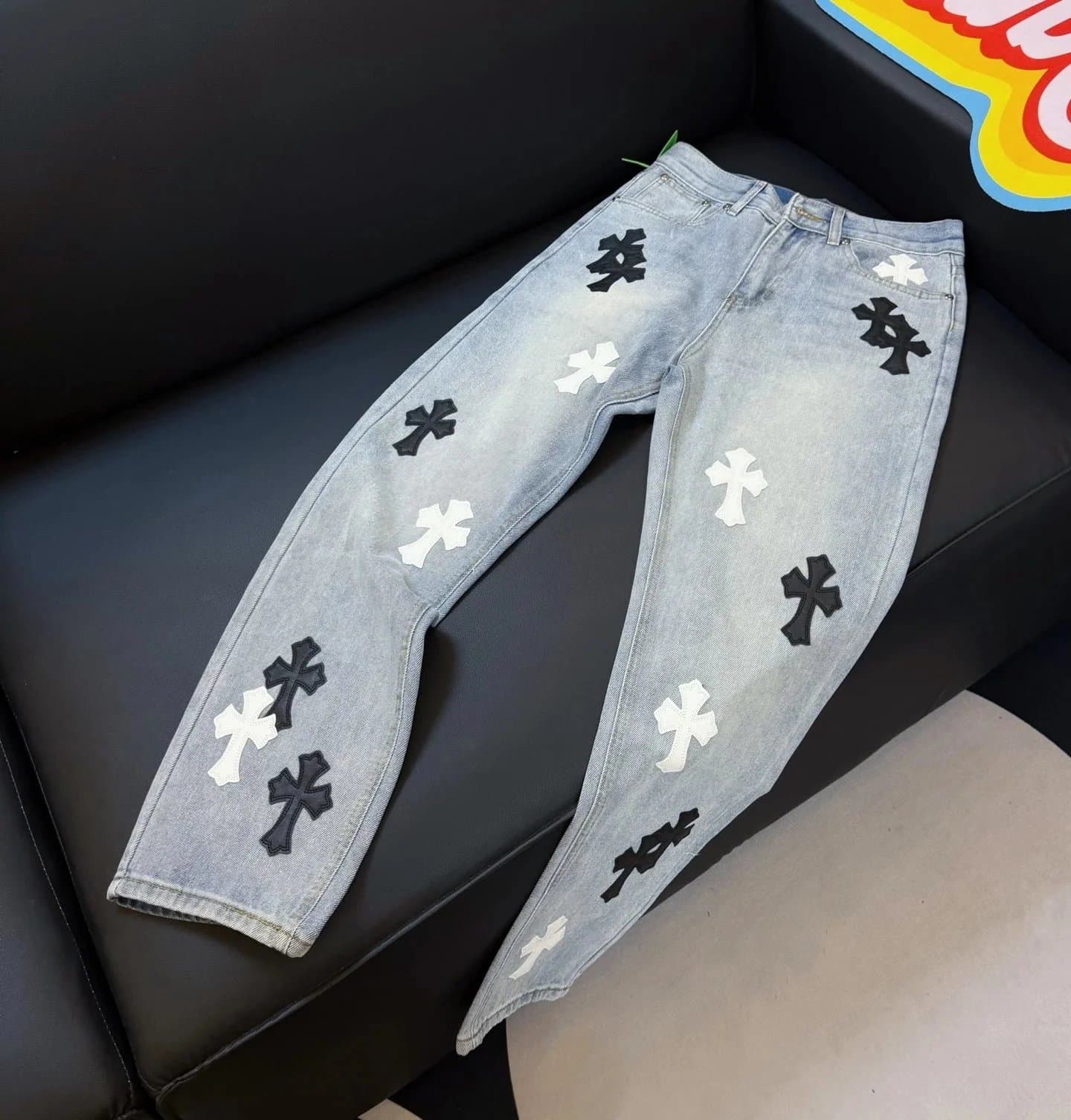 Chrome Hearts Cross Patch Jeans Black and White Cross Appliqué