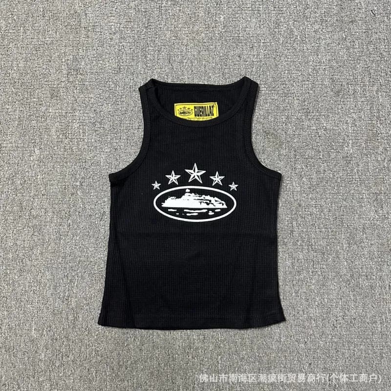 Corteiz Ribbed Tank Top White Trim — 735# 女款五星背心黑色