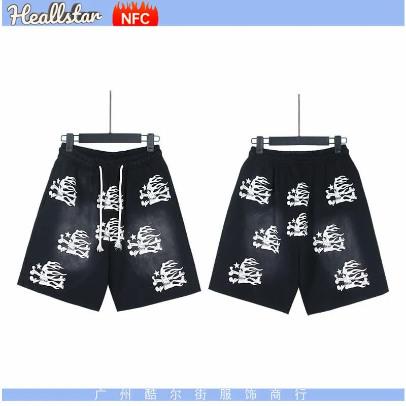 Hellstar Flame Print Shorts Black with Red Flames — 787洗水黑