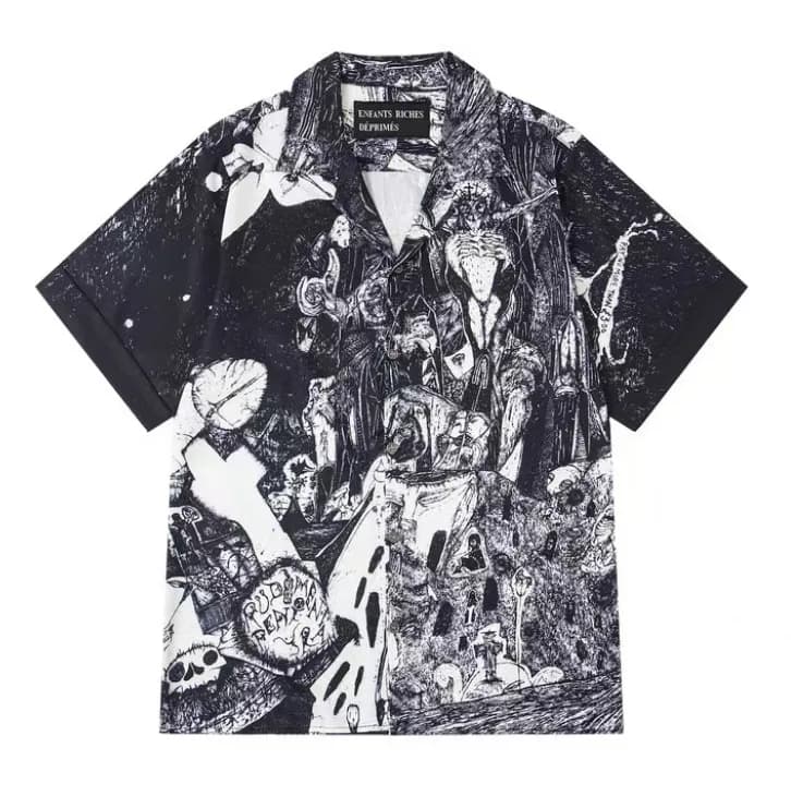 Printed Camp Collar Shirt Gothic Illustration