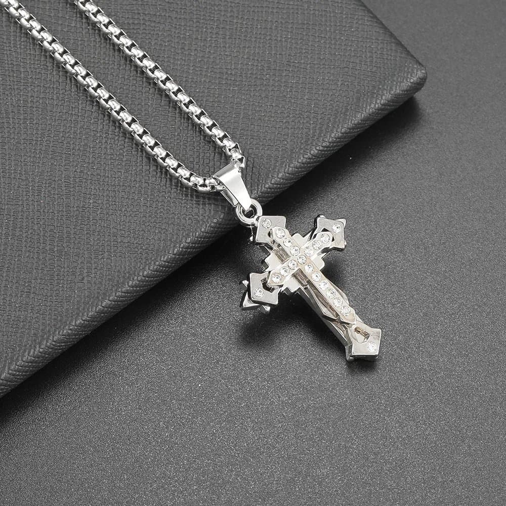 Chrome Hearts Cross Pendant Multicolor Crystal — 3#三层十字架项链-钛钢