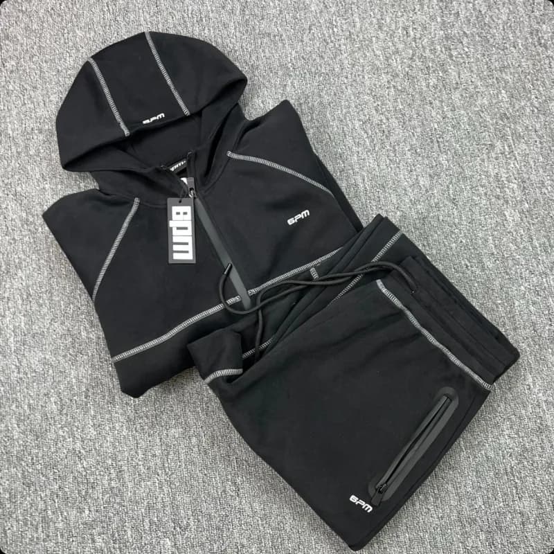 Hoodie and Joggers Set Black with Reflective Stitching