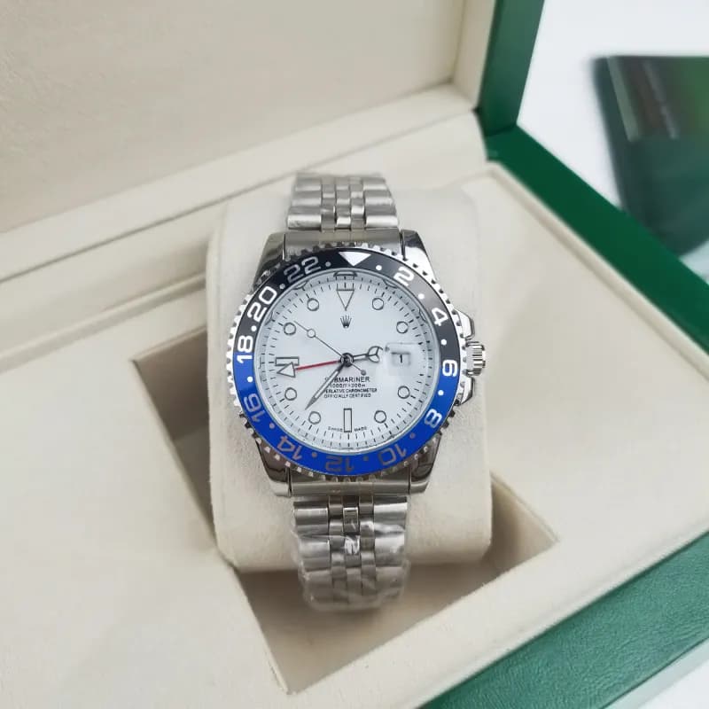 Rolex GMT-Master II Black Ceramic Bezel — Four-pin coke circle, five-bead silver strap, black and blue circle, white surface