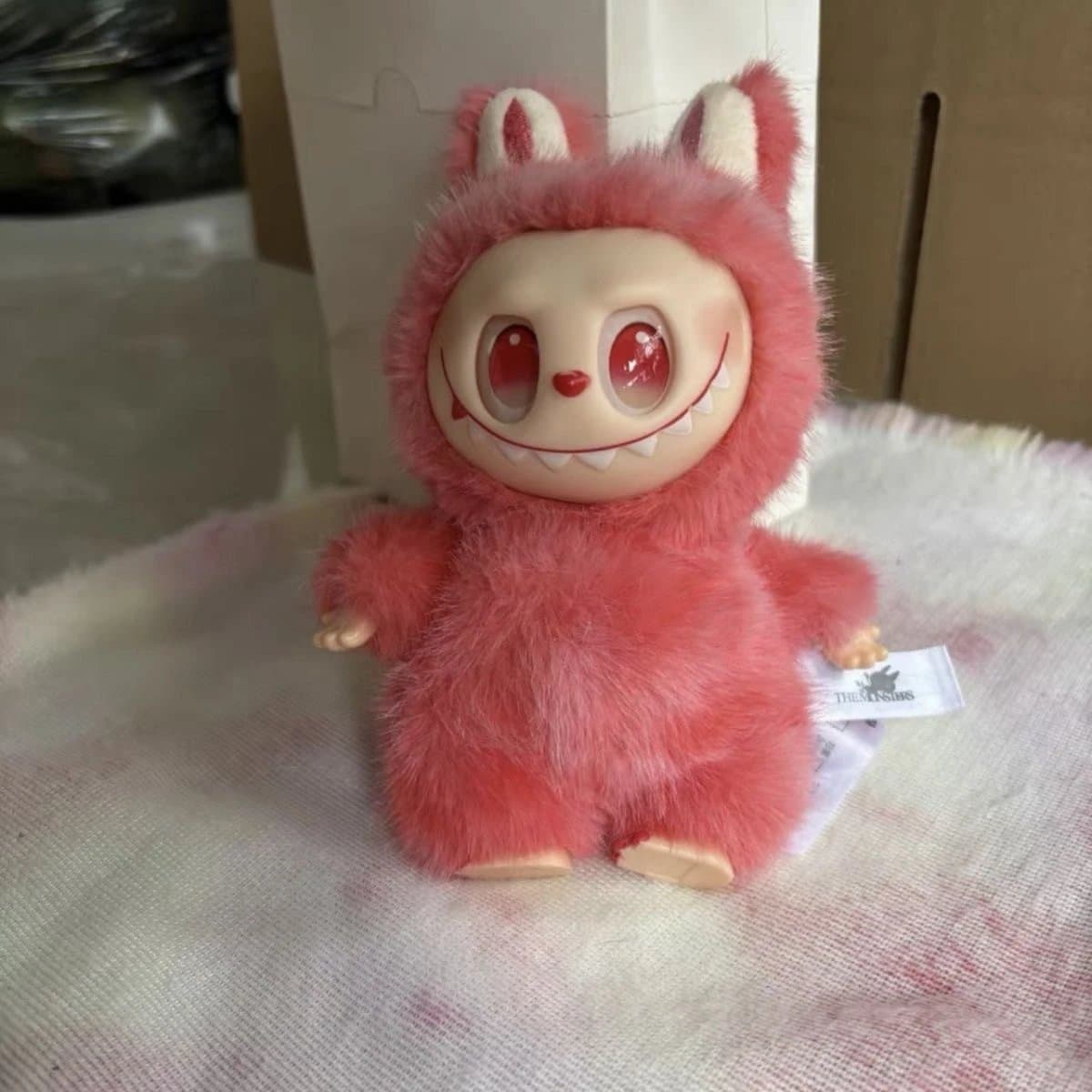 Labubu Plush Figure Furry Pink with Red Eyes