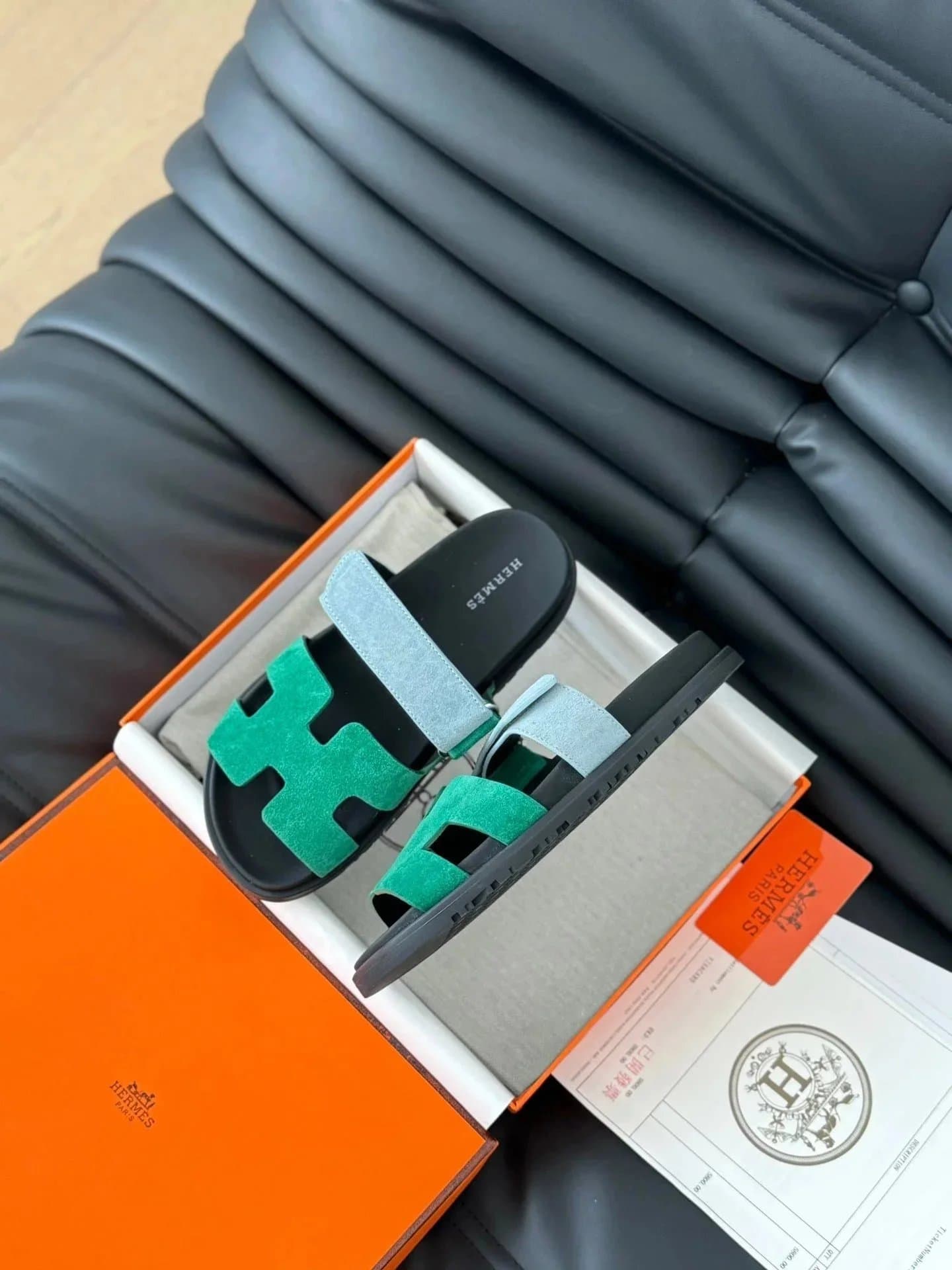 Hermès H Sandal Green Suede and Grey Suede