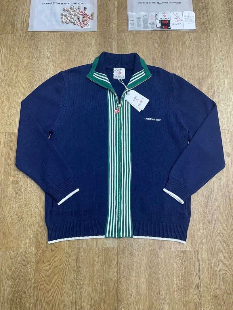 Casablanca Zip-Up Knit Sweater Striped Panel