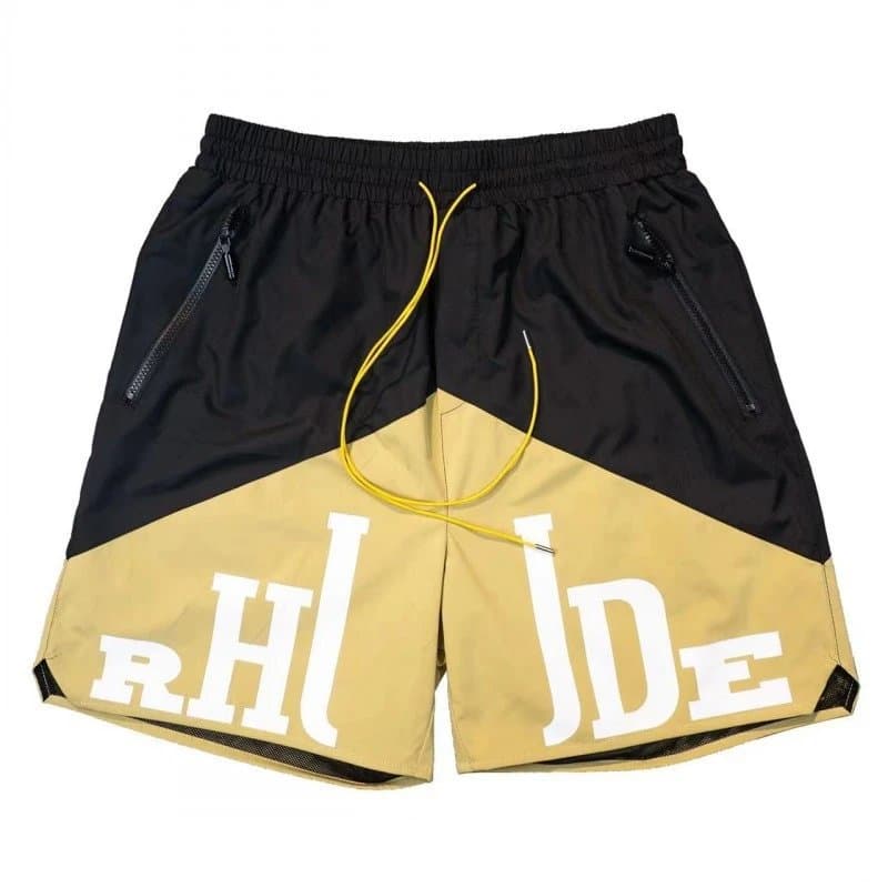 Rhude Logo Shorts Black with Yellow Drawstring — 1087007SJL