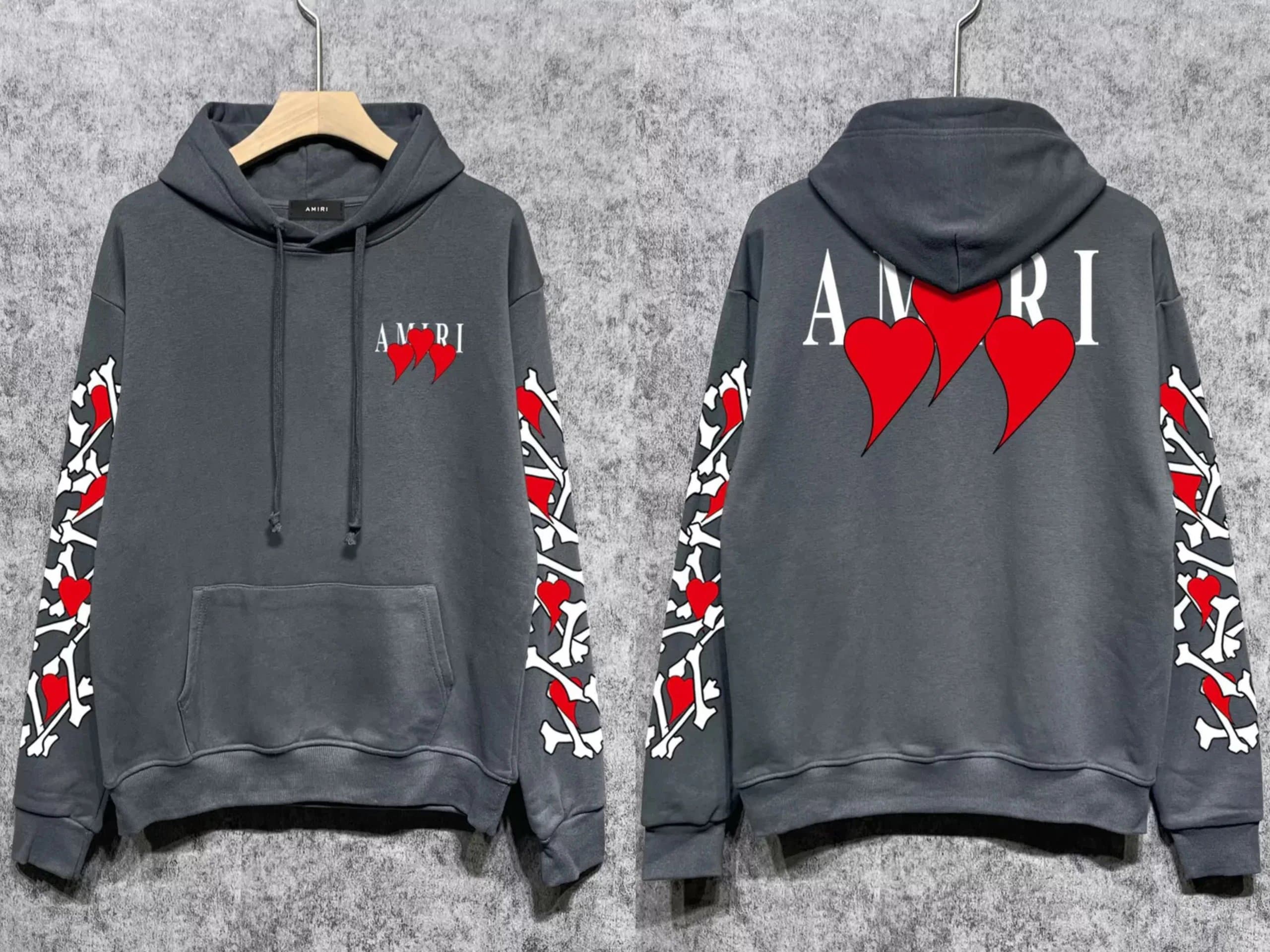 Amiri Heart & Bones Hoodie Grey with Red Hearts and Bone Print