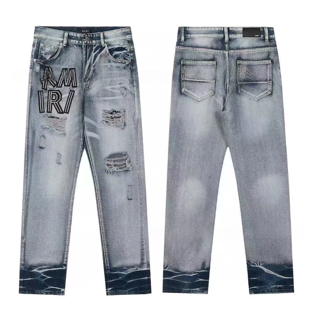 Amiri Distressed Logo Jeans Washed Blue with Graphic Print