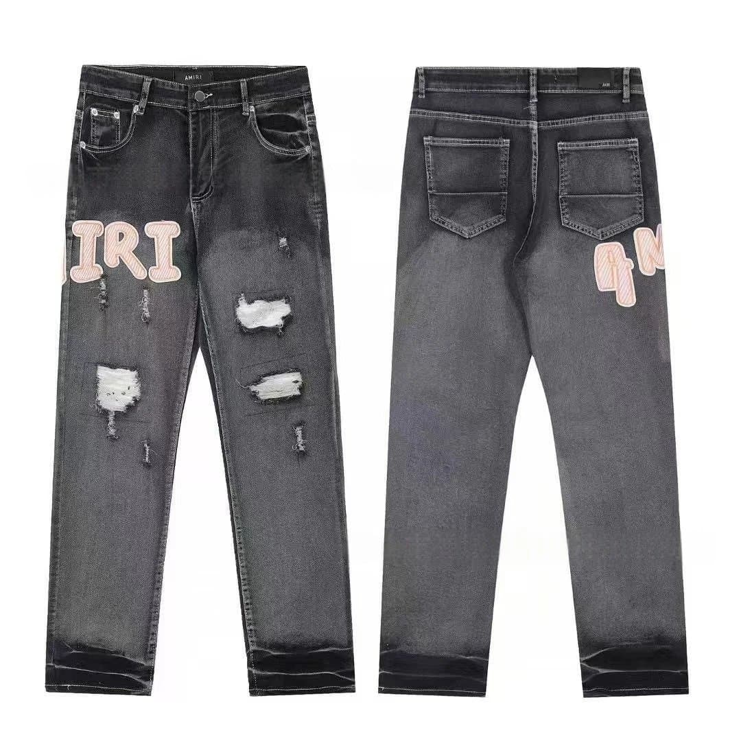 Amiri Distressed Jeans Pink Logo Patch
