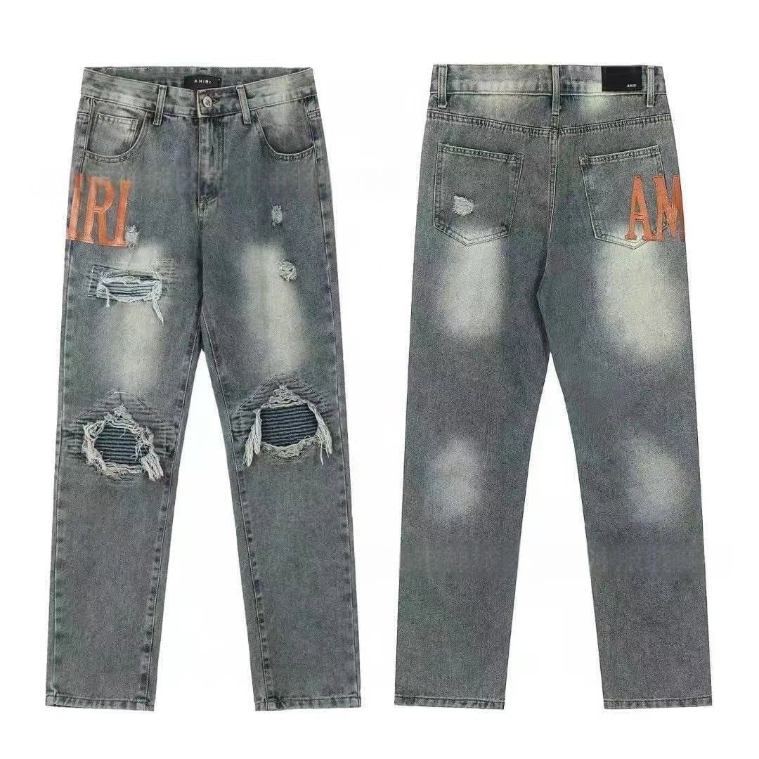 Amiri Distressed Logo Jeans Washed Grey with Orange Logo