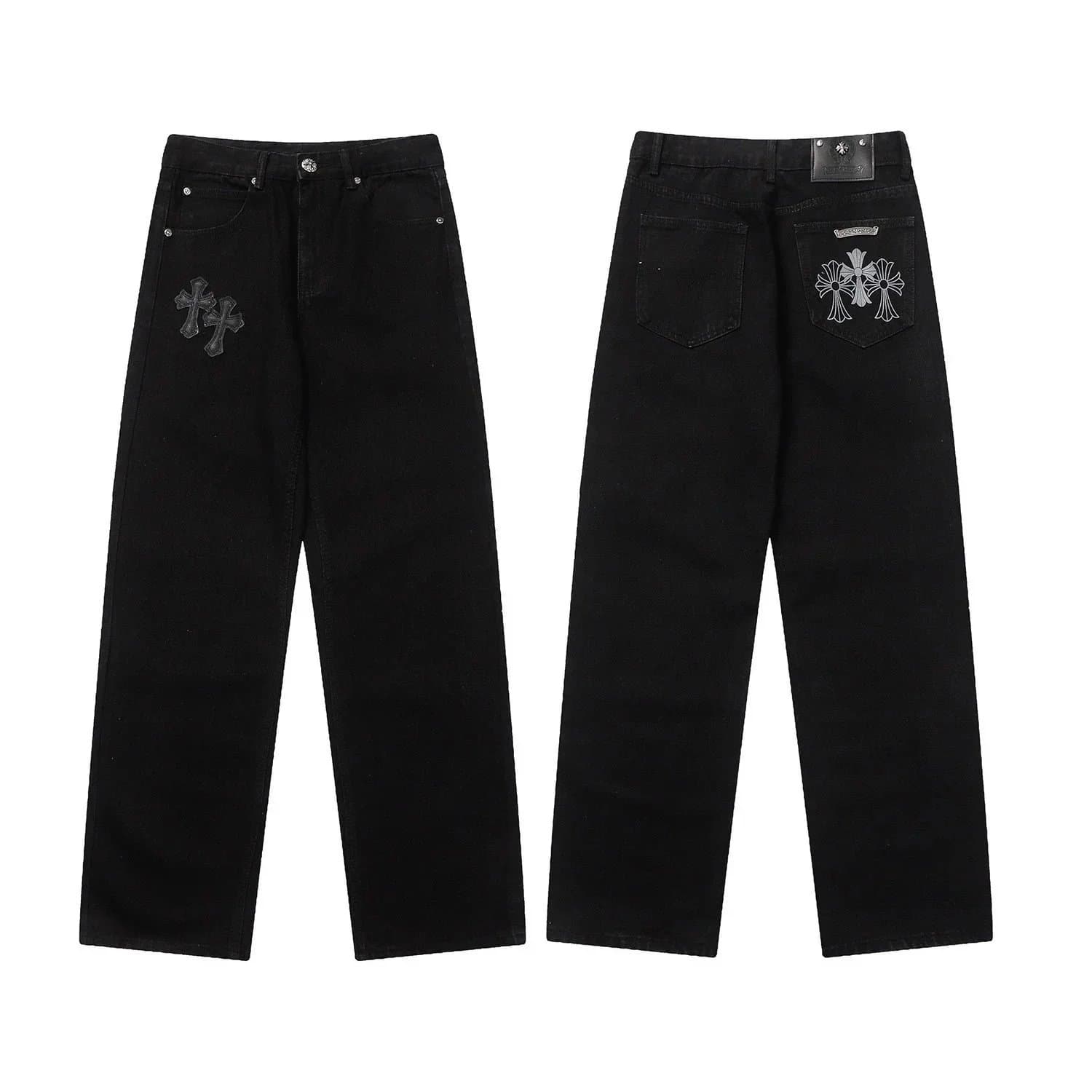 Chrome Hearts Cross Embroidered Jeans Black with Silver Crosses