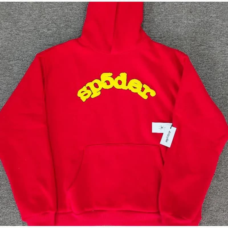 Sp5der Hoodie Spider Web Rhinestone — 红色黄字
