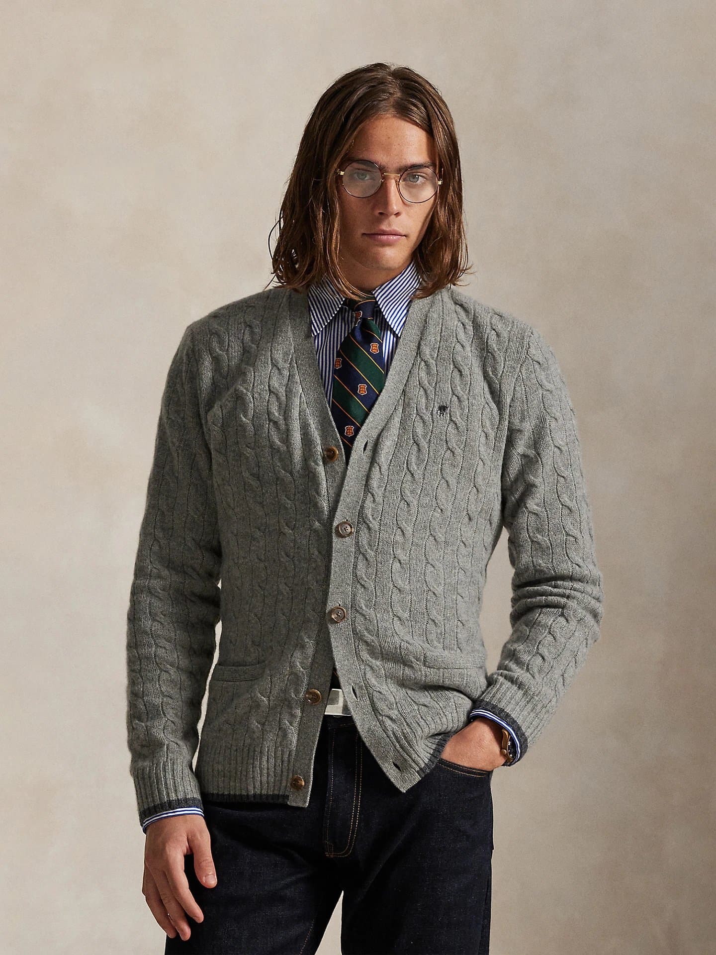 Polo Ralph Lauren Cable Knit Short-Sleeve Sweater Classic Cable — 花灰色V领纽扣