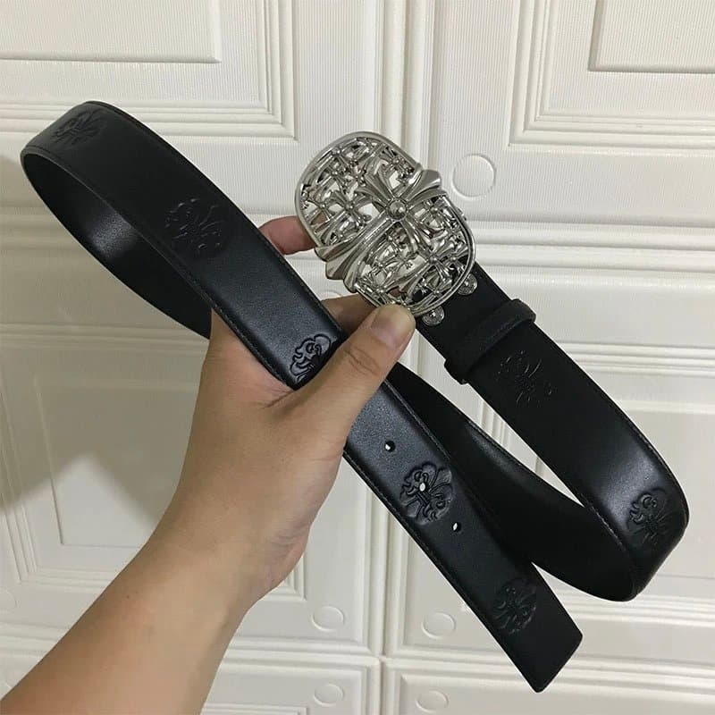 Chrome Hearts Cross Buckle Belt Classic Cross — 亮白扣+头层压花牛皮