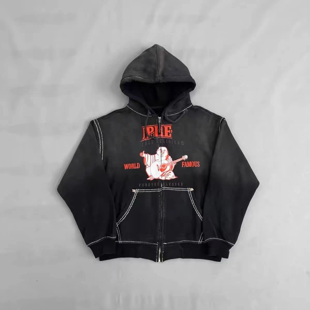 Pleasures Zip-Up Hoodie Dip-Dye Buddha Graphic — 黑色宗教