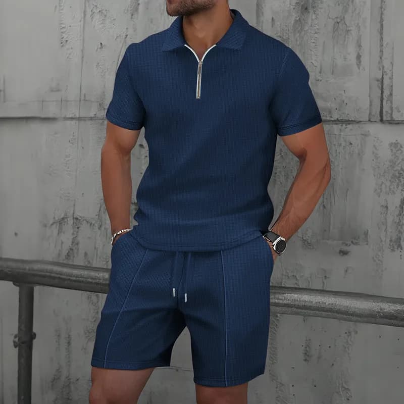 Polo Shirt Zip-Neck Waffle Knit — 藏青色