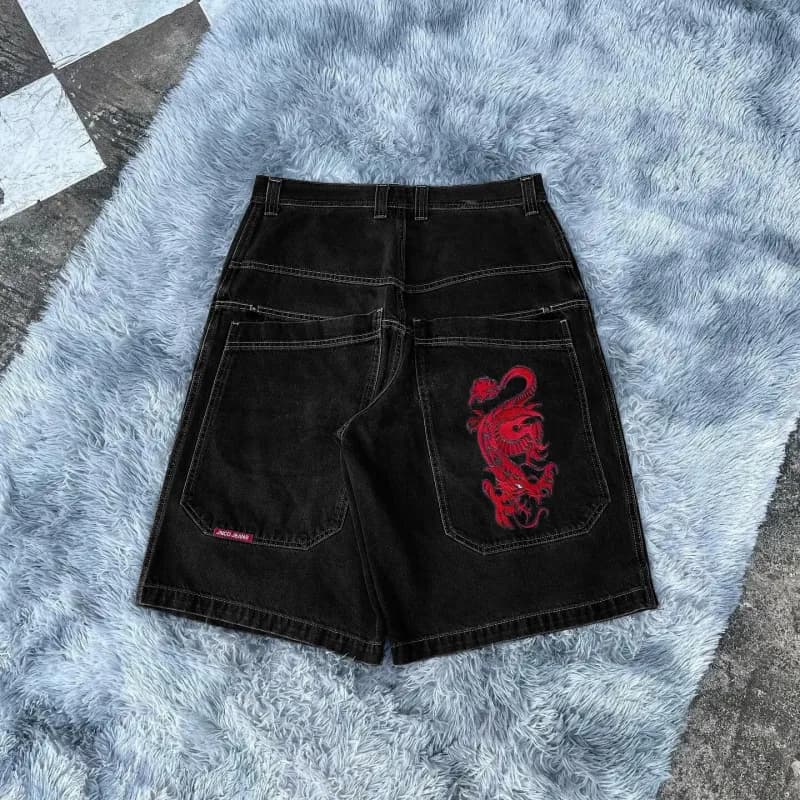 Embroidered Denim Shorts Red Dragon