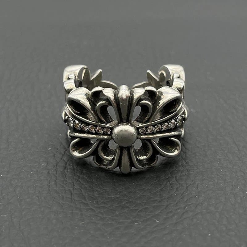 Chrome Hearts Fleur-de-Lis Ring Silver with Crystals