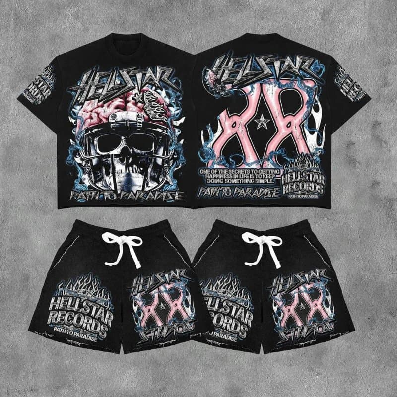 Hellstar Skull Graphic Tee & Shorts Set Hell Star Skull Print — DXT1HY01I