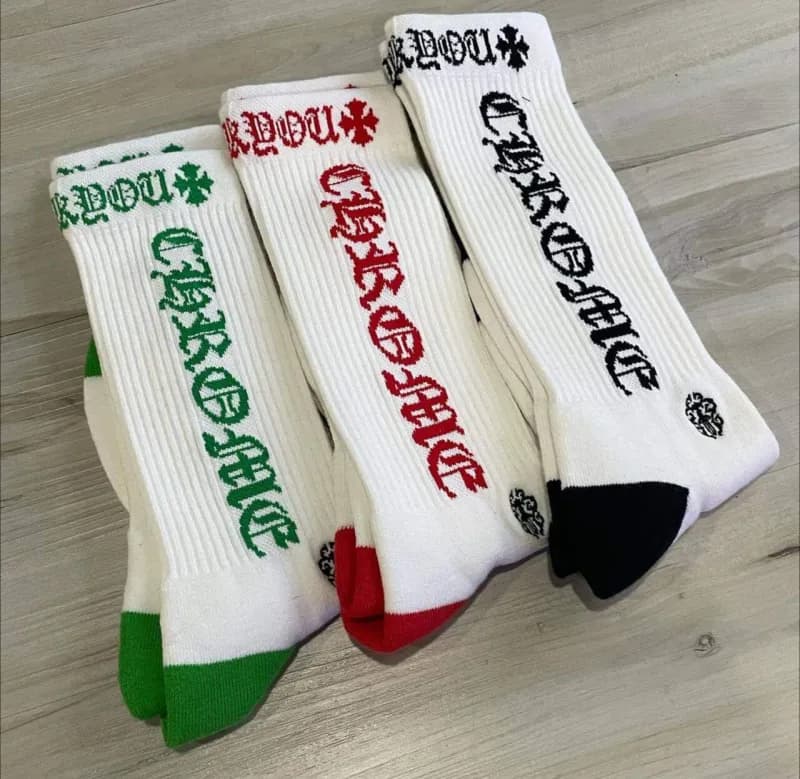 Chrome Hearts Crew Socks Plaid with Cross Logo — 竖字母 白黑白红白绿 3 pairs