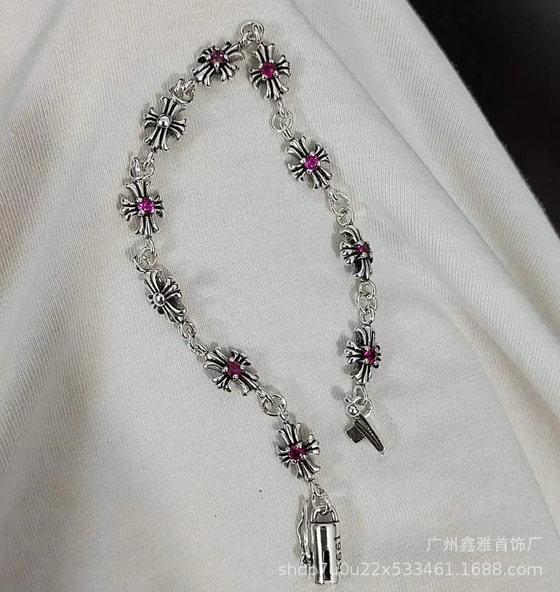Chrome Hearts Cross Bracelet Silver with Clear Stones — 复古粉钻手链18cm