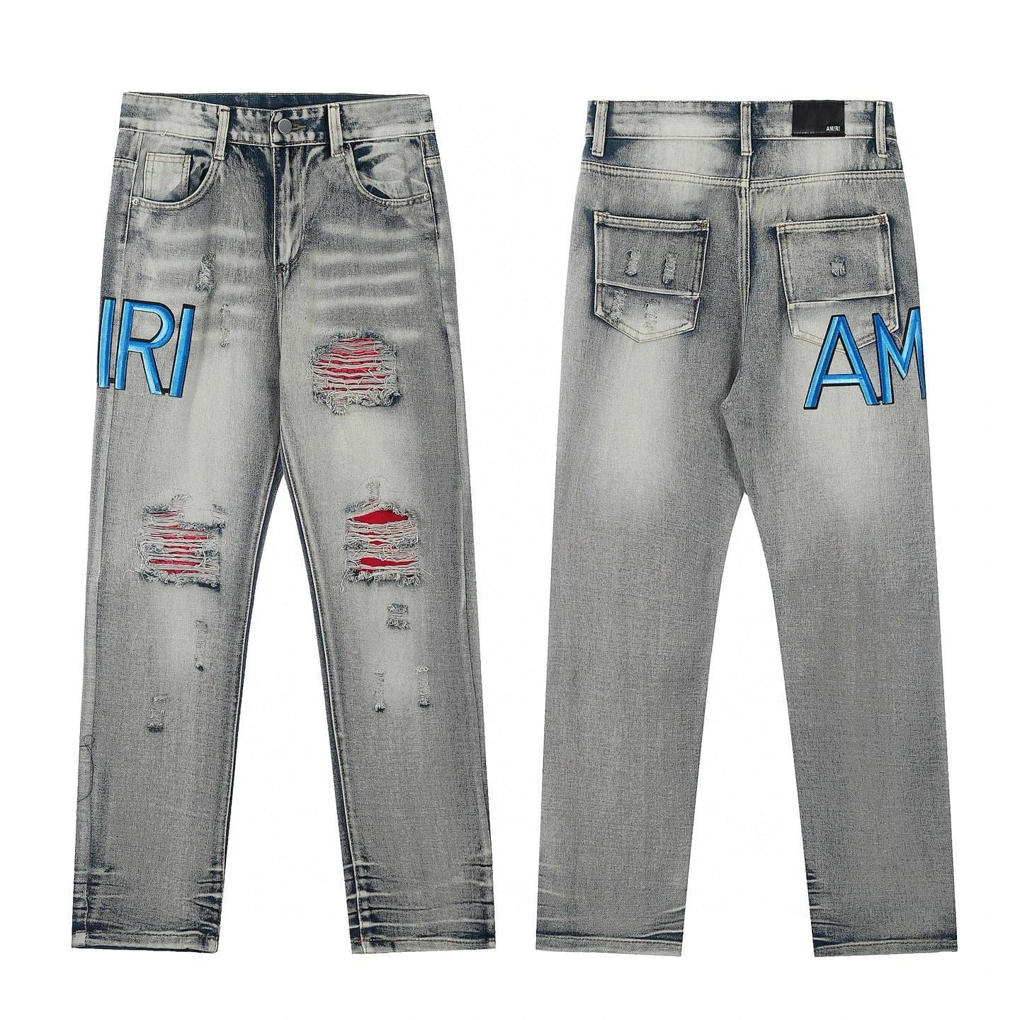 Amiri Distressed Logo Jeans Blue Logo Red Stitch