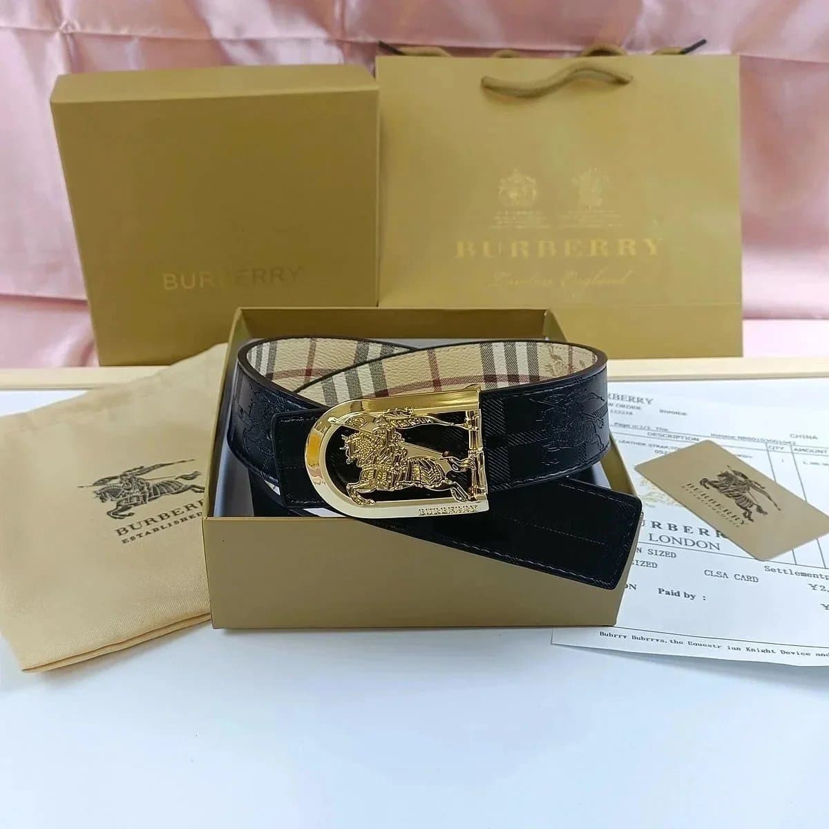 Burberry Equestrian Knight Belt Check Print Reversible