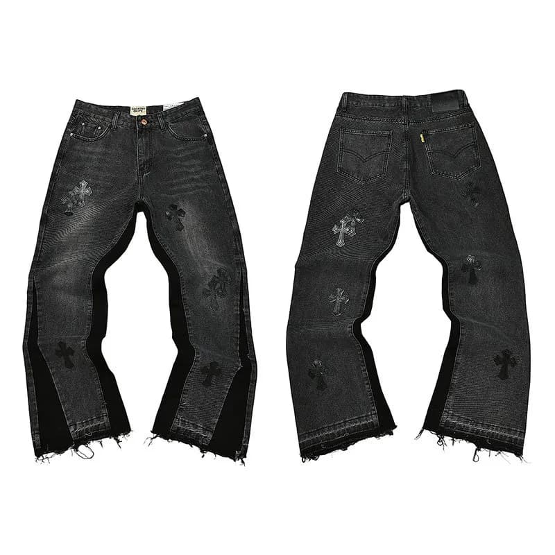 Chrome Hearts Distressed Cross-Embroidered Jeans Black with Silver Crosses