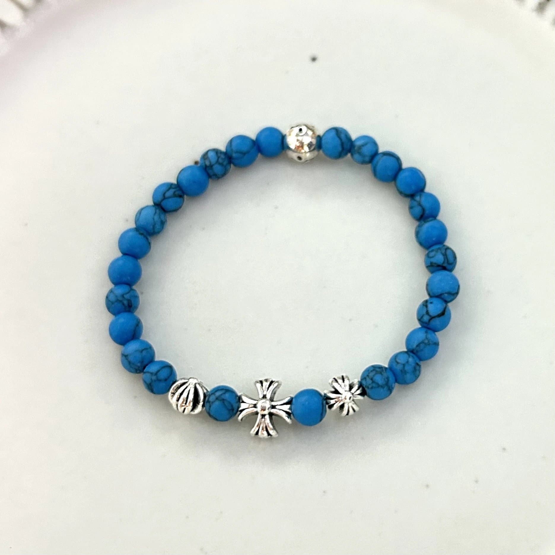 Chrome Hearts Beaded Bracelet Turquoise and Cross Charm