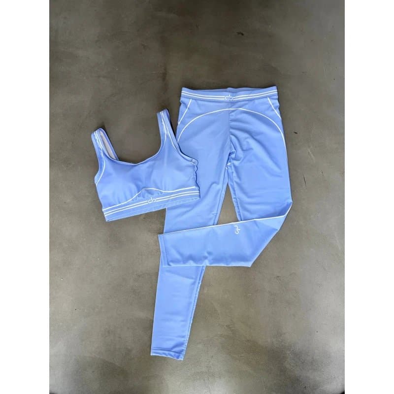 Lululemon Sports Bra and Leggings Set Light Blue with White Trim