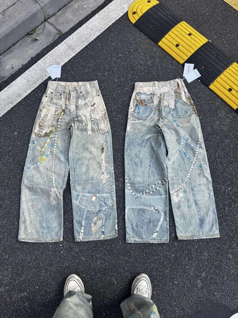 Denim Tears Distressed Patchwork Jeans Hand-Embroidered Beaded Lace