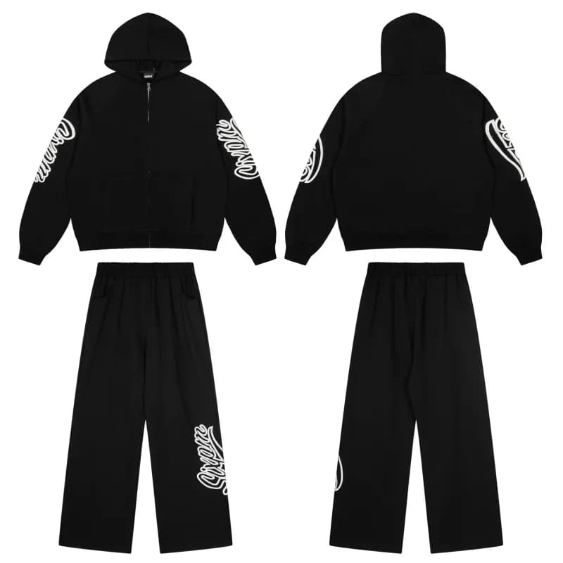 Corteiz Cropped Hoodie & Wide-leg Joggers Set White Script Logo