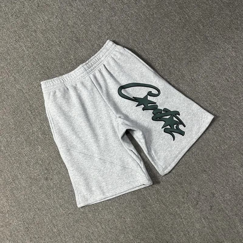 Fear of God Essentials Logo Shorts Heather Grey with Dark Green Script