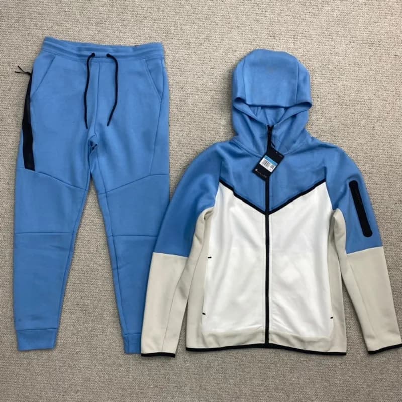 Nike Tech Fleece Hoodie and Joggers Black with White Reflective Tape — 蓝白卡其拼套装suit