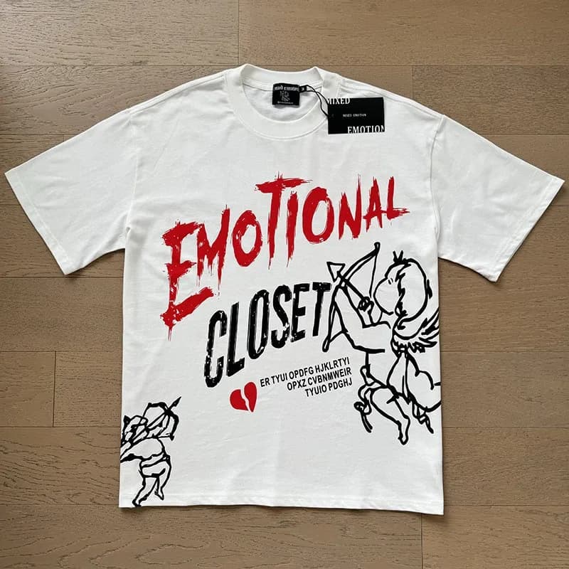 Mixed Emotion Short-Sleeve Button-Up Shirt Emotion Logo — X0001 white red