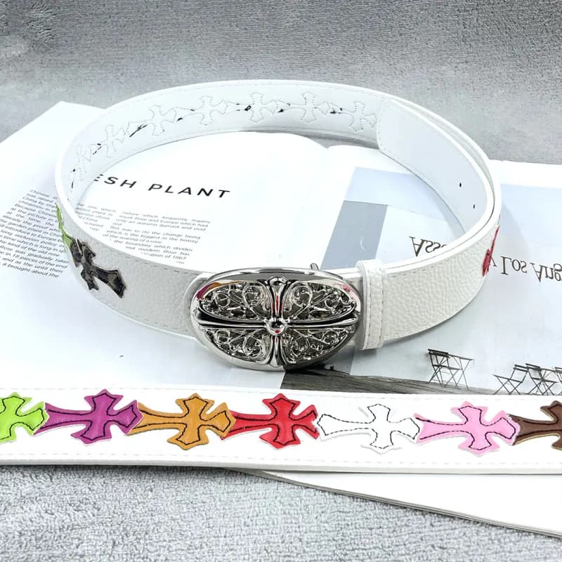 Chrome Hearts Cross Belt White Leather with Silver Cross Buckle