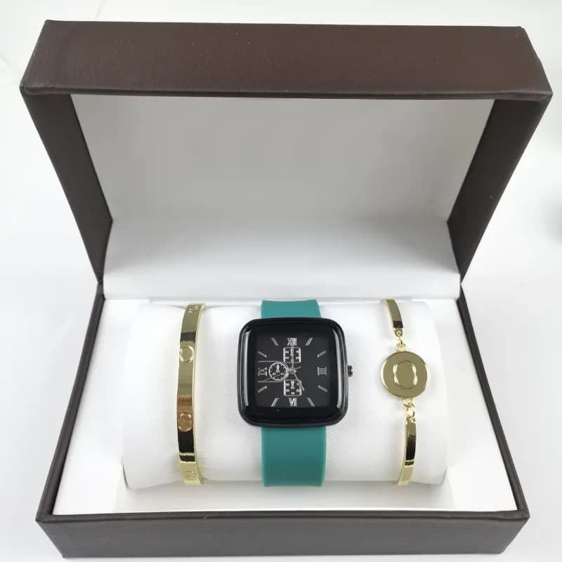 Square Digital Watch Two-Tone Strap Set