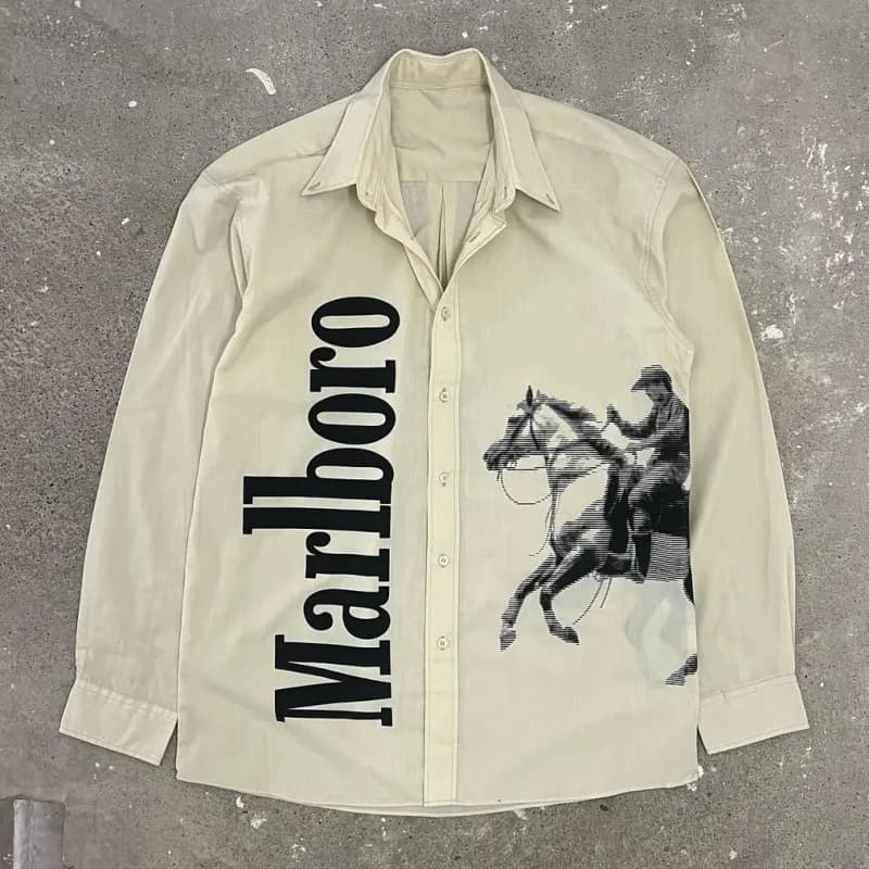 Printed Button-Up Shirt Horse Rider Graphic