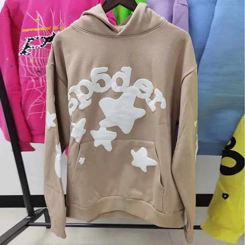 Sp5der Hooded Sweatshirt Spider Web Graphic — 卡其色