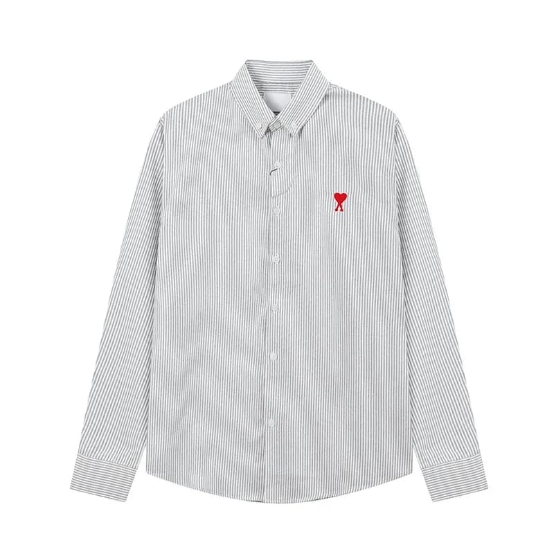 AMI Paris Striped Button-Up Shirt Red Heart Logo